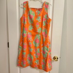 🧡RARE Vintage Y2K Orange Pink Lilly Pulitzer Sneaky Tiki Shift Dress 10 Like New